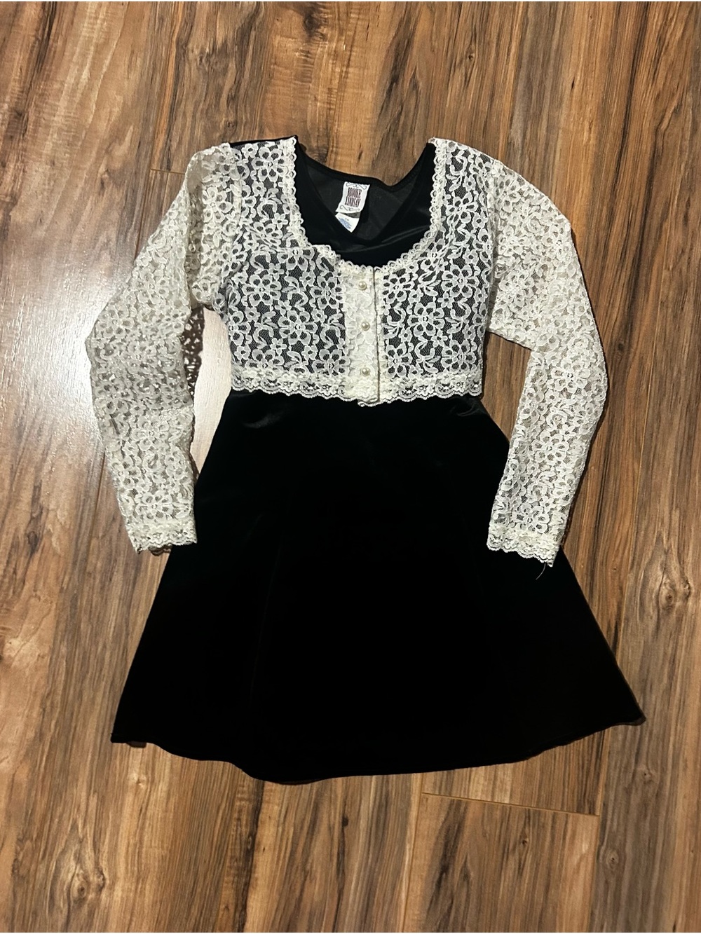 Girls vintage Black Velvet Dress with Ivory Lace Overlay